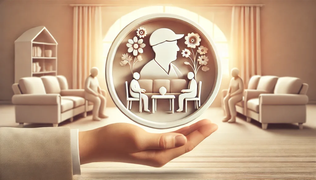 A peaceful and well-lit common area where elderly residents interact with caregivers, symbolizing engagement and personalized attention. The background is soft and inviting, emphasizing emotional well-being and support.