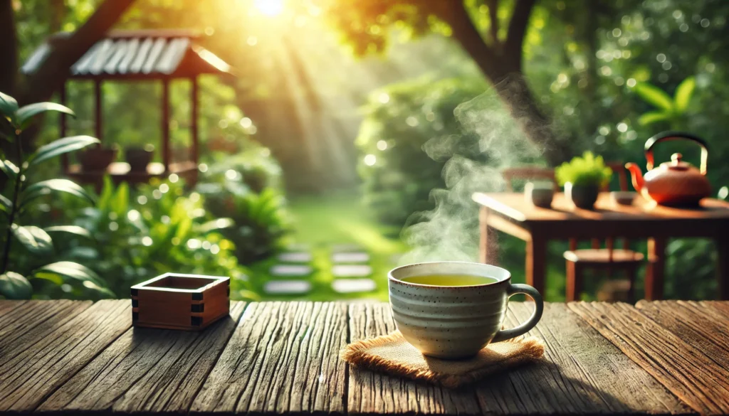 A warm cup of green tea on a wooden table, with steam rising gently. The blurred background of a peaceful garden and soft natural light create a relaxing and stress-relieving ambiance