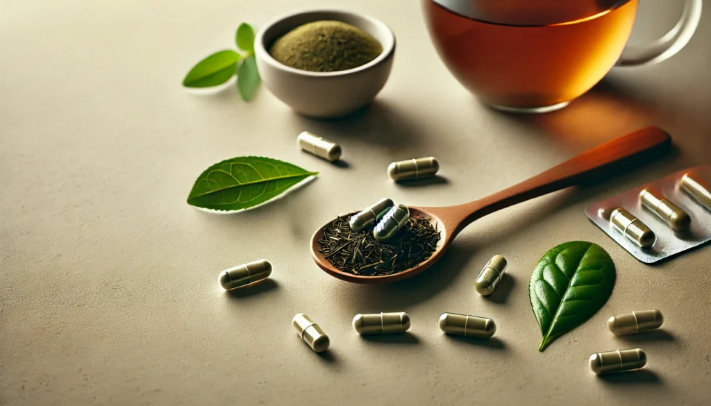 A wooden spoon filled with green tea leaves and capsules rests on a smooth, neutral-toned surface. A glass of tea and fresh tea leaves surround it, evoking a sense of purity, health, and stress relief