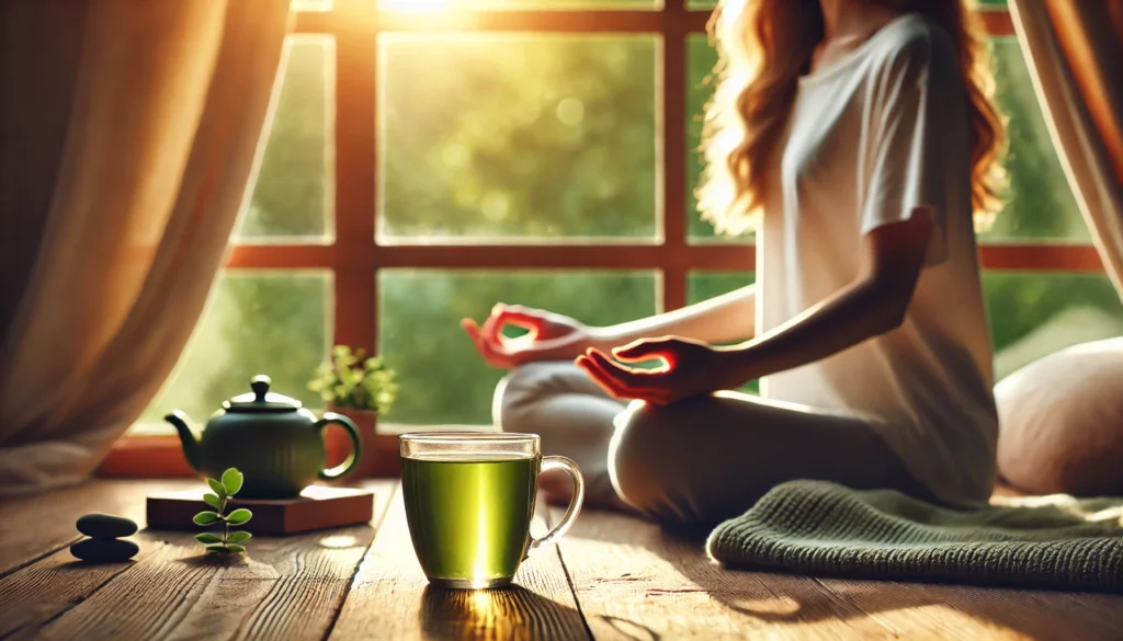 A woman meditating near a window, bathed in warm natural light, with a cup of green tea beside her. The peaceful atmosphere and soft-focus greenery outside symbolize relaxation and stress relief