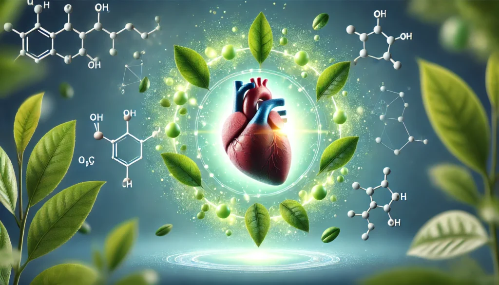 A conceptual medical visualization of a heart encased in a glowing green aura, surrounded by floating tea leaves and molecular compounds, symbolizing L-Theanine’s potential calming effects on heart health