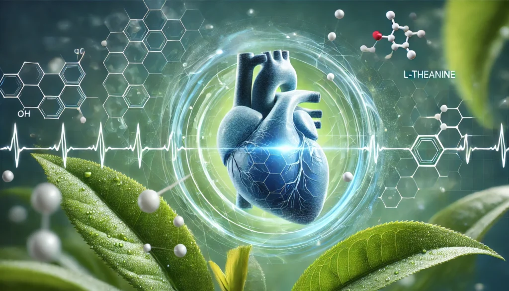 A futuristic medical visualization of a pulsating human heart, surrounded by calming green tea leaves and bio-molecular energy waves, symbolizing the potential impact of L-Theanine on heart rate and relaxation