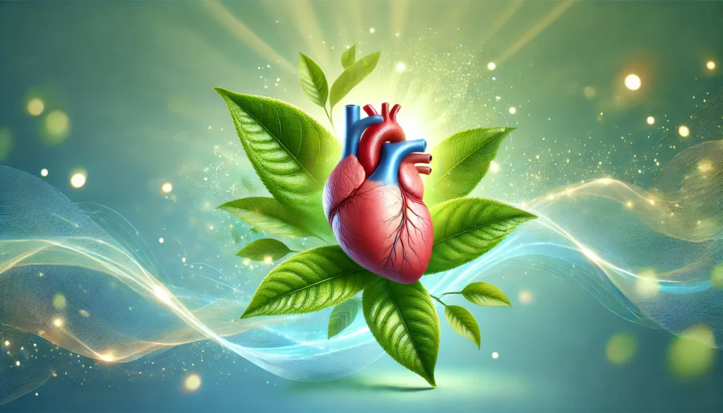A peaceful representation of heart health, featuring a glowing human heart cradled by vibrant green tea leaves, surrounded by soft energy waves, symbolizing the soothing effects of L-Theanine on cardiovascular function