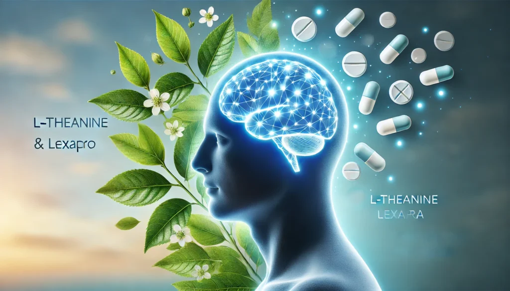 A conceptual illustration of a human silhouette with a glowing brain, divided between natural green tea leaves on one side and pharmaceutical pills on the other, symbolizing the balance between L-Theanine and Lexapro. The soft blue gradient background enhances the sense of calm and clarity