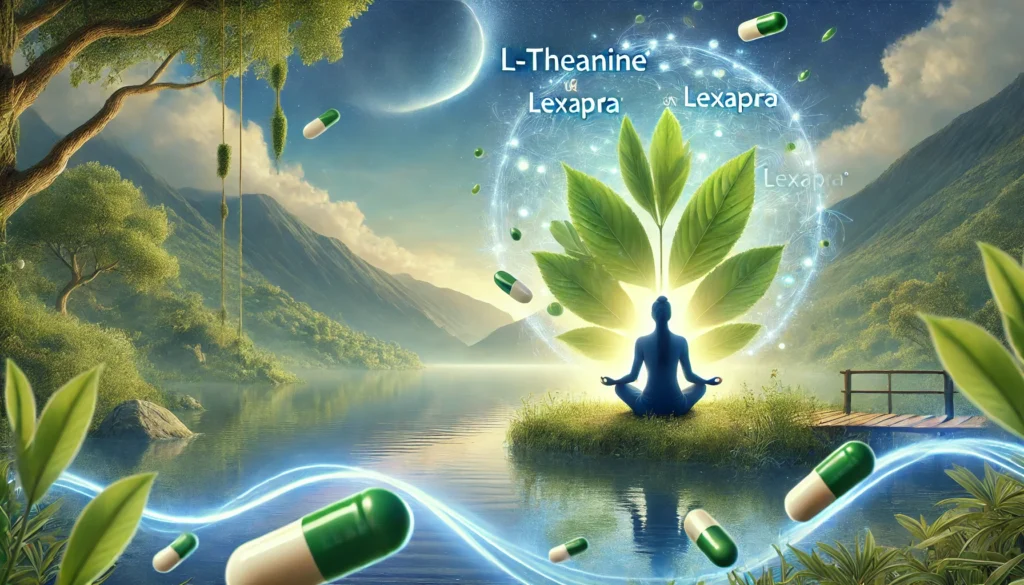 A serene nature scene with a person meditating by a tranquil lake, surrounded by soft glowing waves of energy. Floating green tea leaves on one side and medicine capsules on the other symbolize the harmony between L-Theanine and Lexapro for stress relief and relaxation
