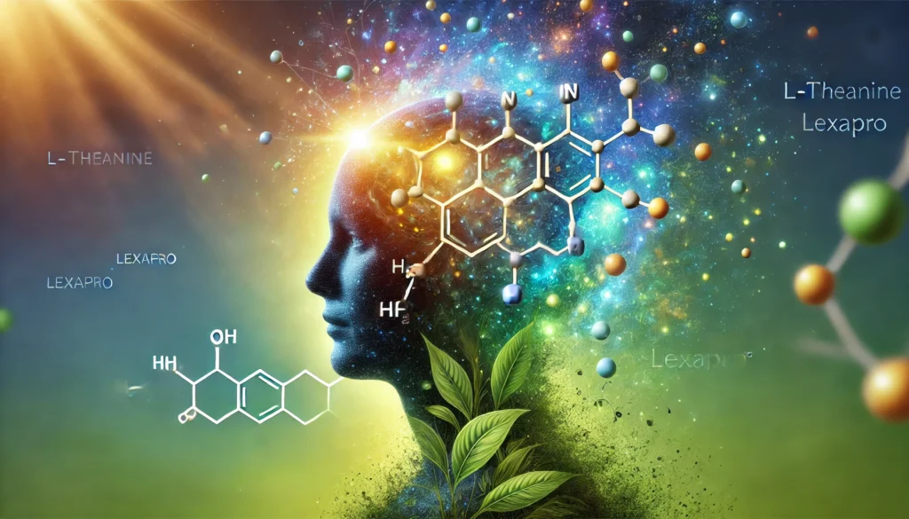 A metaphorical artistic representation of a human head in profile with a glowing aura, where one half is composed of tea leaves and the other half of molecular structures symbolizing pharmaceuticals. The background features a peaceful gradient of green and blue tones, representing balance and inner peace through the synergy of L-Theanine and Lexapro