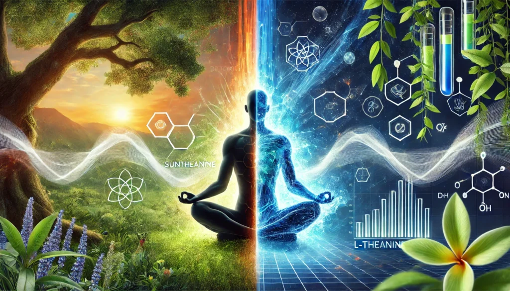 A meditative human silhouette surrounded by glowing energy waves, symbolizing the detoxifying and stress-relief benefits of Suntheanine and L-Theanine. One side radiates precise, lab-refined energy, while the other emits an organic, nature-inspired glow. The background blends a lush green environment with a futuristic laboratory, representing the fusion of natural and scientific wellness