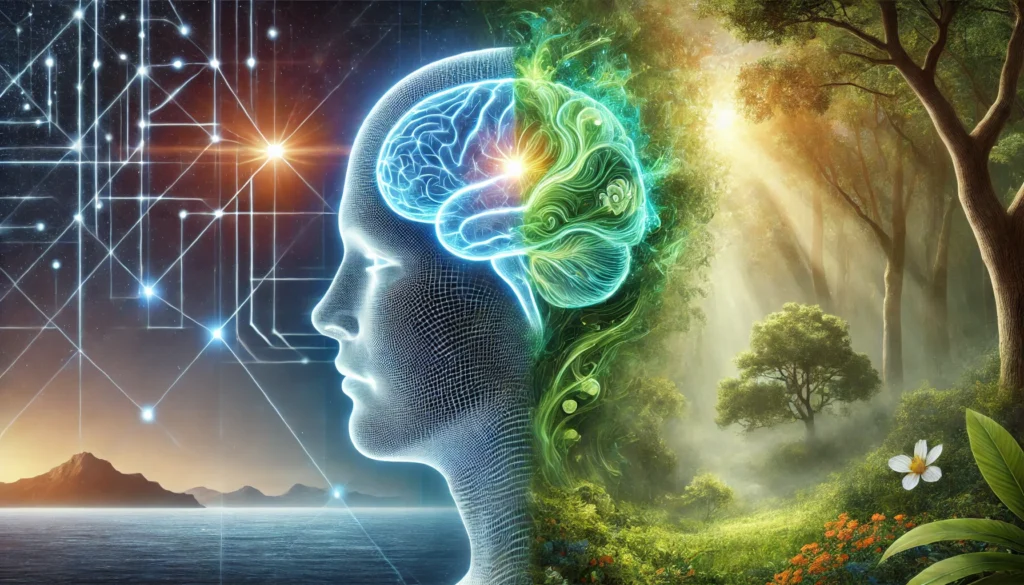 A translucent human head with glowing neural pathways, illustrating cognitive enhancement and mental clarity from Suntheanine and L-Theanine. The left side emits a precise blue energy, while the right glows with a green organic essence. A misty forest and a high-tech research facility merge in the background, symbolizing the harmony of nature and scientific innovation in mental wellness