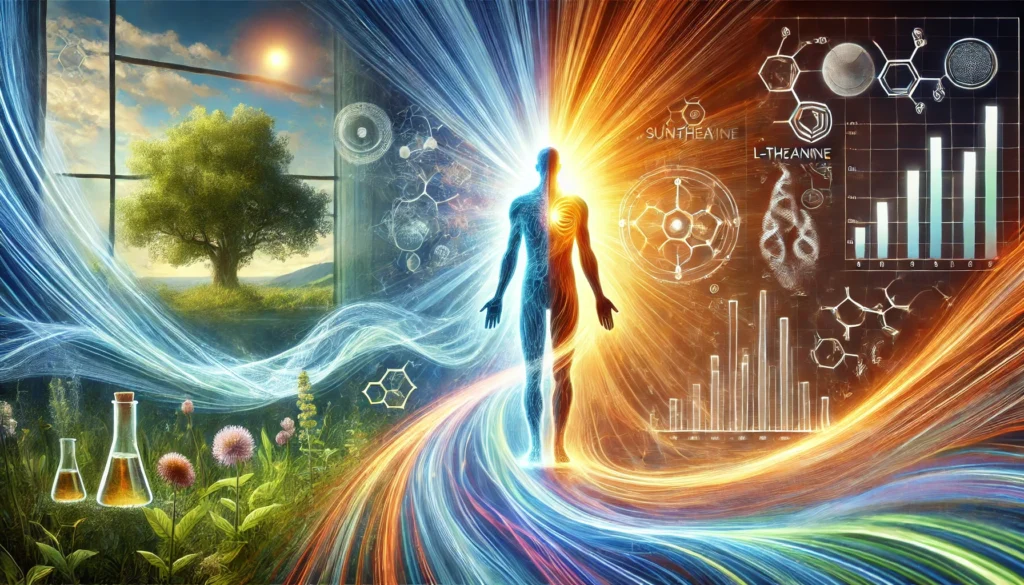 A human figure bathed in radiant energy, with one side glowing with precise, lab-refined light (Suntheanine) and the other with a soft, nature-inspired glow (L-Theanine). Flowing energy lines swirl around, symbolizing relaxation and detoxification. The background blends a peaceful natural landscape with an advanced scientific lab, illustrating the synergy of natural and technological approaches to health