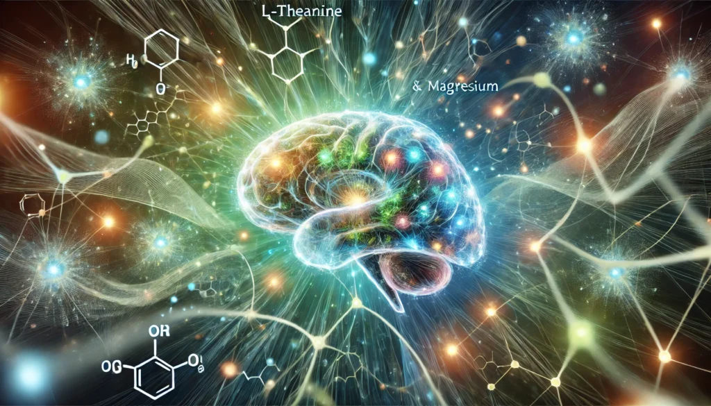 A futuristic artistic visualization of neural connections glowing in vibrant blues and greens, symbolizing enhanced cognitive function. Soft ethereal light radiates from the neurons, representing focus and mental clarity. The abstract background integrates molecular structures of L-Theanine and Magnesium, emphasizing their role in brain health