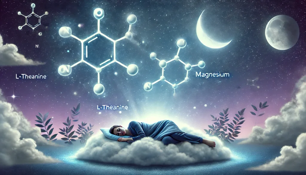 A serene nighttime scene with a person sleeping peacefully on a soft cloud, enveloped in a calming blue and purple glow. Floating molecular structures of L-Theanine and Magnesium blend into the dreamy atmosphere. A starry sky with a crescent moon in the background symbolizes deep, restorative sleep and relaxation