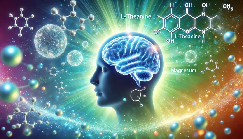 A glowing human brain surrounded by a tranquil blue-green aura, symbolizing relaxation and mental clarity. Floating molecular structures of L-Theanine and Magnesium shimmer around the brain, illustrating their scientific synergy for cognitive enhancement. The dreamy background emits a soft, radiant glow, reinforcing the calming effects on the mind