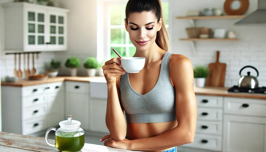 A fit woman drinking green tea in a bright kitchen, looking refreshed and relaxed, representing the calming and weight-loss benefits of L-Theanine