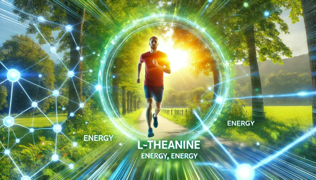 An energetic person jogging in a lush green park with bright sunlight, representing the synergy between L-Theanine, energy, and weight loss