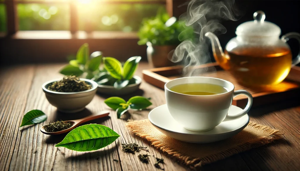 A steaming cup of green tea on a wooden table, surrounded by fresh tea leaves, representing the calming benefits of L-Theanine for anxiety relief