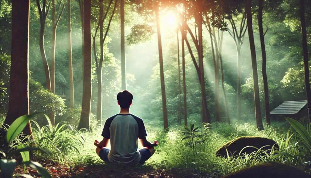 A serene person meditating in a tranquil forest with soft sunlight, symbolizing the anxiety-reducing and calming effects of L-Theanine