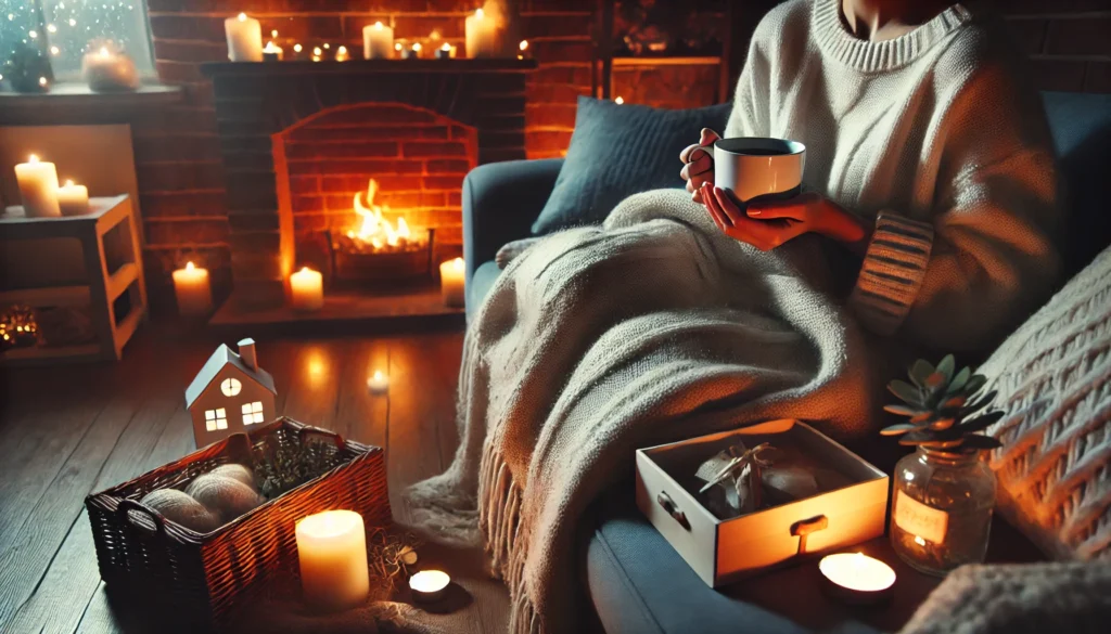 A person resting on a cozy couch, wrapped in a soft blanket, holding a warm cup of tea, symbolizing relaxation and relief from anxiety with L-Theanine