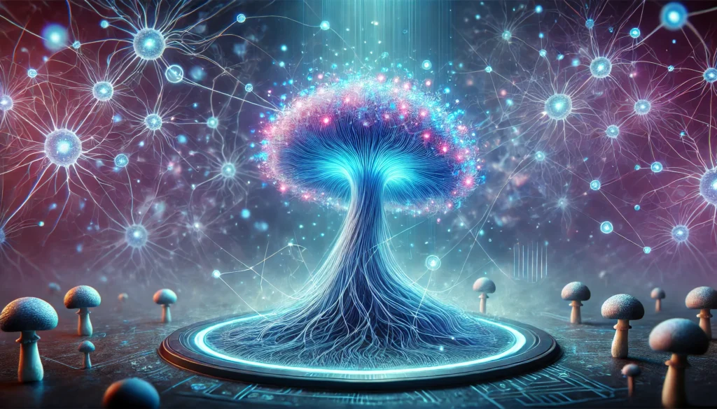 A futuristic concept of Lion’s Mane mushroom enhancing cognition. A bioluminescent mushroom sits at the center, its tendrils forming neural connections. The scene is infused with glowing blue and purple neural networks, symbolizing improved brain function and the clearing of mental fog.