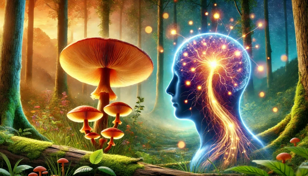 A nature-inspired illustration of a vibrant forest with an oversized glowing Lion’s Mane mushroom. Wisps of golden energy connect to a transparent human head silhouette, where bright neural pathways signify strengthened cognitive function, and the background transitions from foggy to crystal-clear.