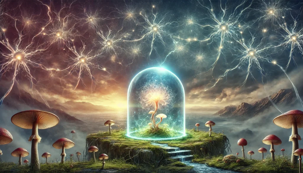 A fantasy-inspired digital painting of a luminous Lion’s Mane mushroom growing inside a glowing glass dome, symbolizing mental clarity. Floating neurons connected by electric-like synapses illuminate the sky, while the atmosphere shifts from dark and cloudy to bright and clear, representing brain fog lifting.