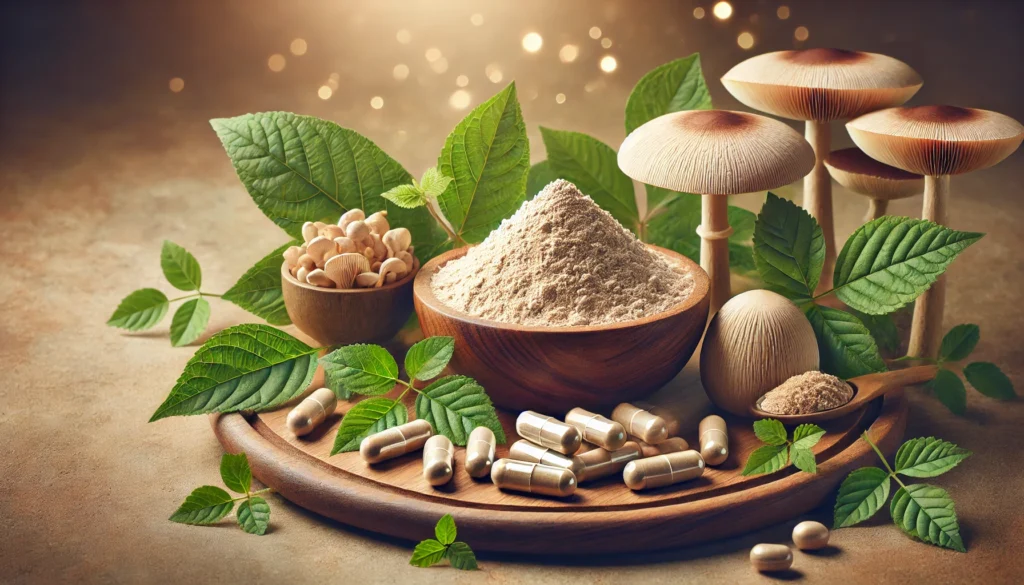 An artistic representation of Lion’s Mane supplements in a natural setting. Displays powdered Lion’s Mane in a wooden bowl, capsules on a leaf, and fresh mushrooms arranged against a blurred earthy background, emphasizing an organic and clean aesthetic.