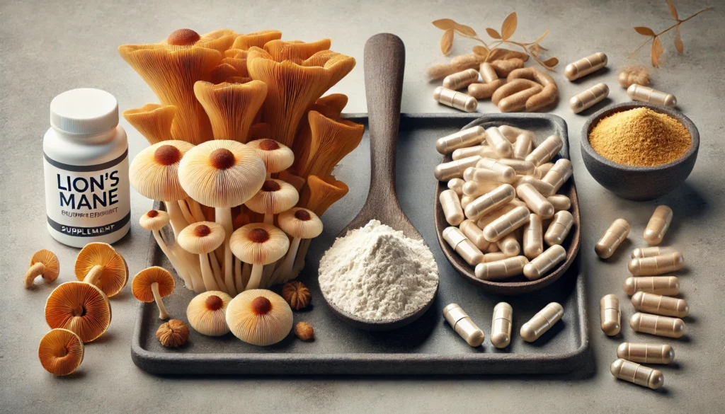 A detailed split-view comparison of Lion’s Mane supplement forms. One side features fresh Lion’s Mane mushrooms, the center highlights powdered supplement in a spoon, and the other side showcases neatly arranged capsules. The minimalist background with soft lighting enhances the professional and natural feel.