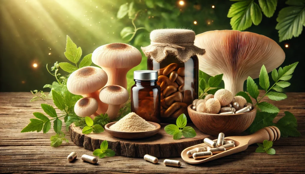 A natural-themed display of Lion’s Mane supplement choices on a rustic wooden table. Includes fresh Lion’s Mane mushrooms, a jar of powdered extract, and a bottle of capsules. A green leafy background with soft sunlight enhances the organic, health-focused atmosphere.