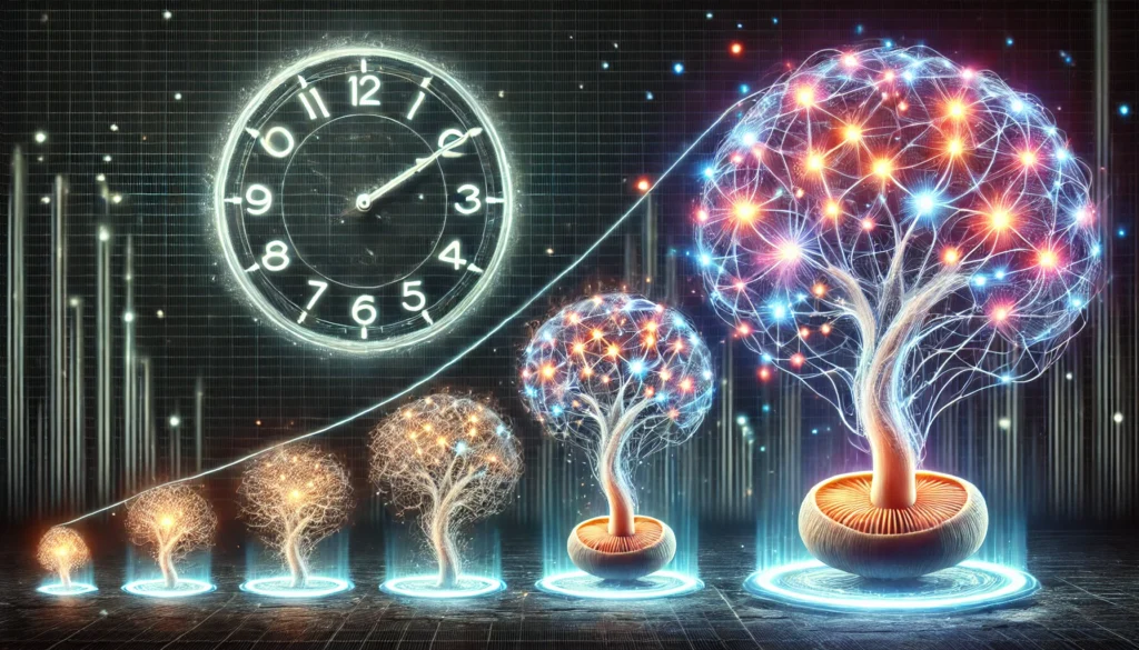 A conceptual illustration of Lion’s Mane’s progressive effects on cognition. A neural pathway forms in stages, growing from faint to vibrant. A clock in the background subtly indicates the passage of time, while a Lion’s Mane mushroom at the base represents the source of cognitive benefits.
