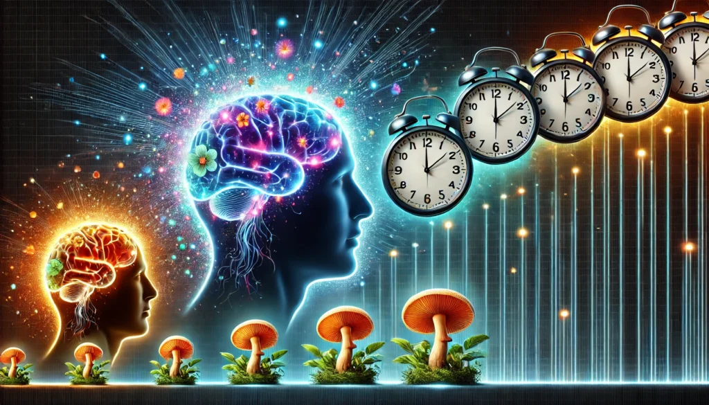 A symbolic representation of the cognitive improvement timeline with Lion’s Mane. A human head silhouette features a brain that lights up in stages, transitioning from dim to bright, symbolizing growing mental clarity. Floating clocks and a vibrant Lion’s Mane mushroom emphasize gradual cognitive enhancement.