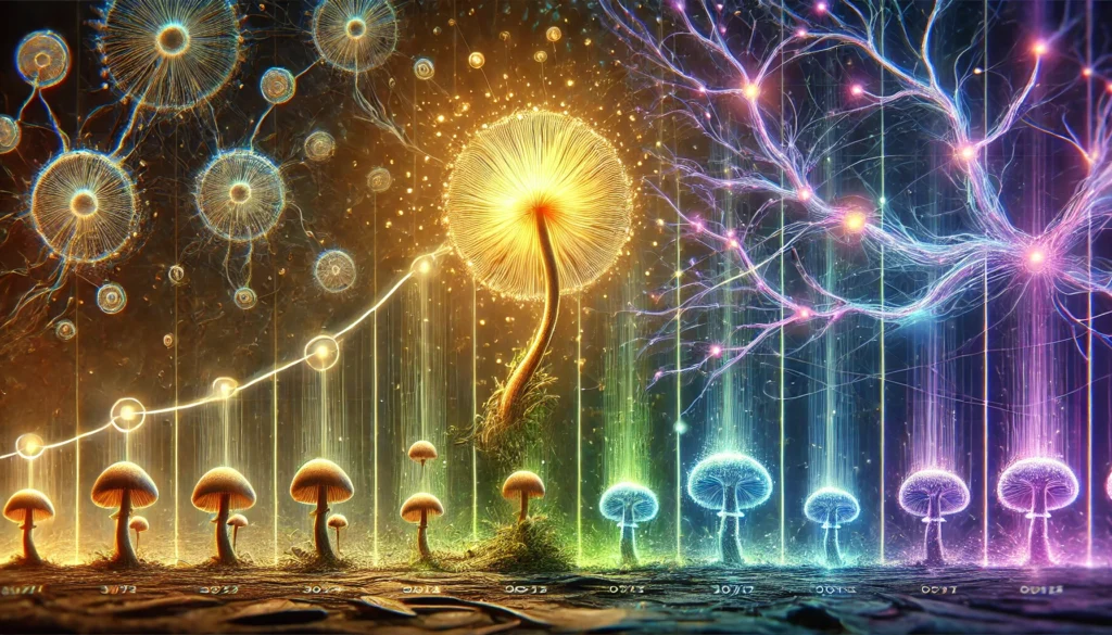 A fantasy-inspired visualization of Lion’s Mane’s cognitive effects over time. A glowing Lion’s Mane mushroom grows from a small sprout to a radiant form. In the background, a timeline of neural activity shifts from slow, dim connections to vibrant, electrified pathways, representing increasing cognitive strength.