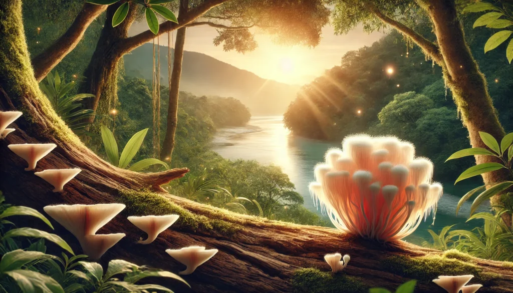 A serene landscape with a sunrise, featuring Lion’s Mane mushrooms growing on a tree trunk, representing early morning as the best time to take Lion’s Mane for cognitive benefits.
