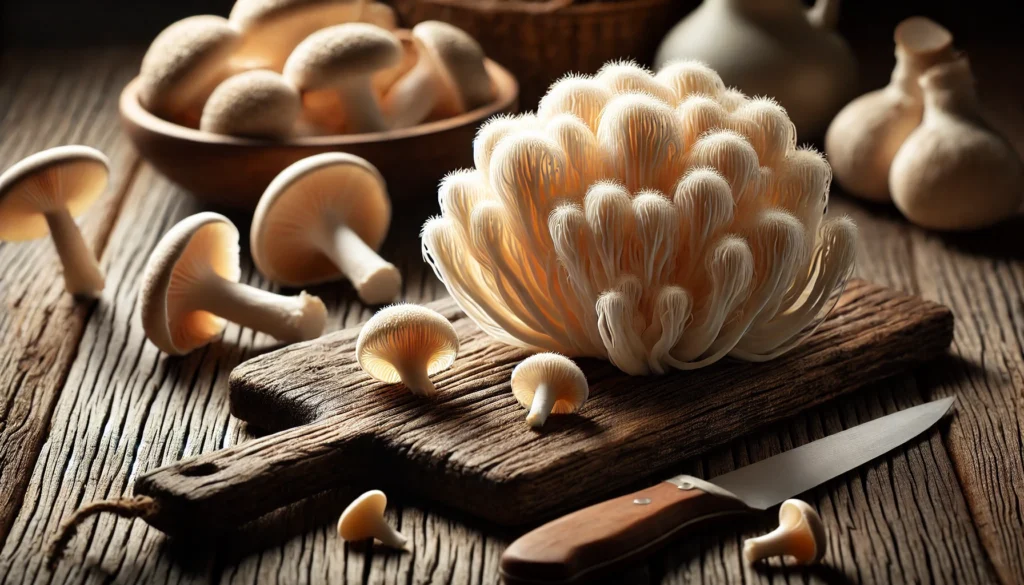 A close-up of raw Lion’s Mane mushrooms on a rustic wooden cutting board, illuminated by natural light, highlighting their unique texture and freshness before cooking.