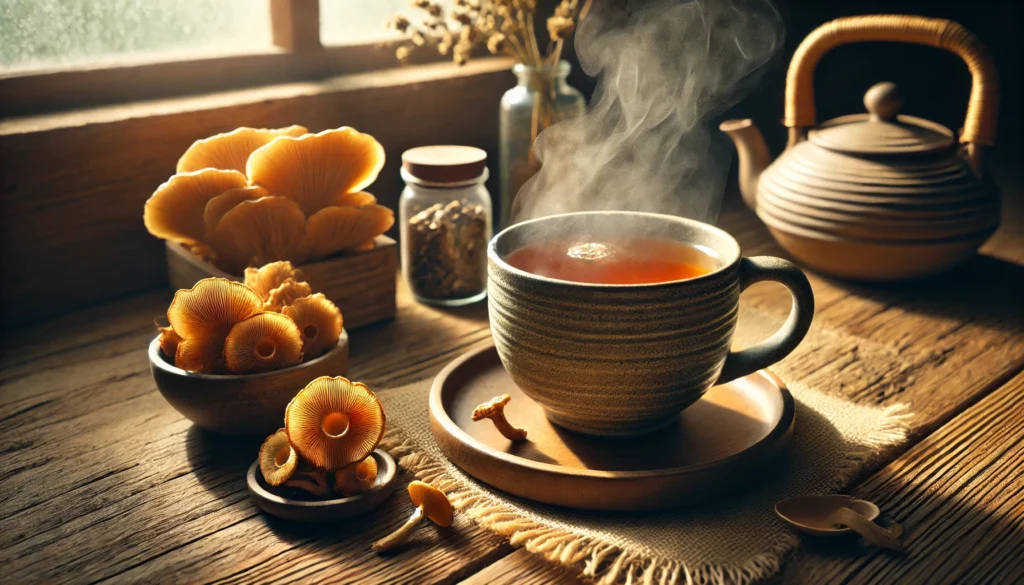 A steaming cup of herbal tea infused with Lion’s Mane mushrooms, placed on a cozy wooden table near a window, representing a soothing way to consume Lion’s Mane for mental clarity.