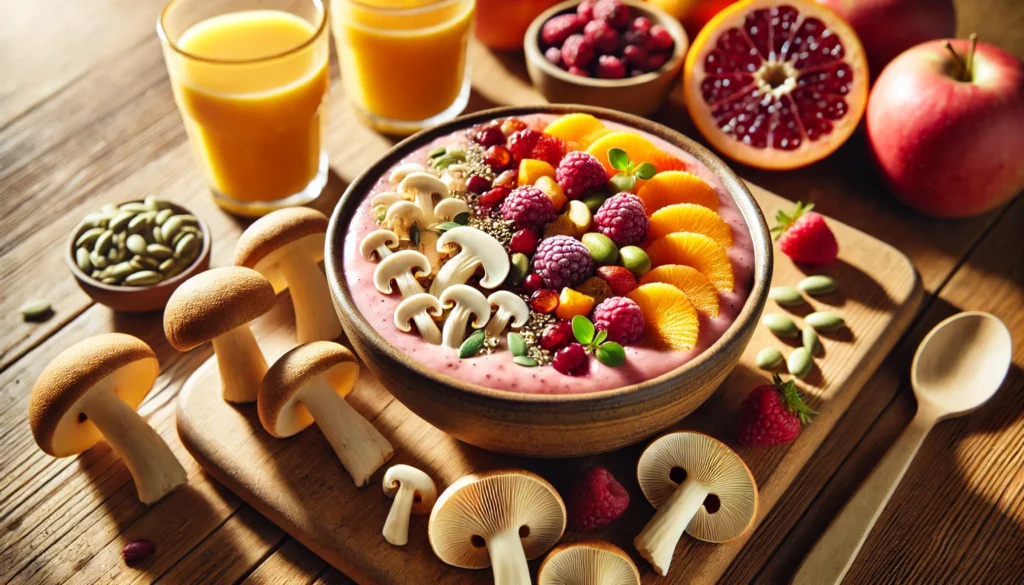 A vibrant smoothie bowl with blended Lion’s Mane mushrooms, topped with fresh fruits and seeds, set on a wooden table, illustrating a nutritious and delicious way to enjoy cognitive benefits.