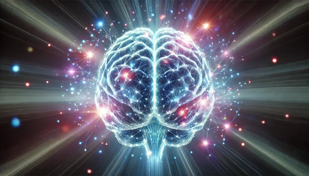 A futuristic brain with glowing neural connections, symbolizing enhanced cognitive function, focus, and mental clarity. The brain radiates soft blue and purple hues, representing intelligence, relaxation, and heightened awareness