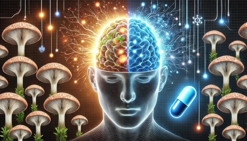 A conceptual illustration of a human brain divided into two halves—one side glowing naturally with Lion’s Mane mushrooms, and the other digitally enhanced with a blue pharmaceutical pill—representing the contrast between natural and synthetic cognitive enhancers.
