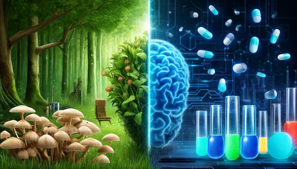 A metaphorical battle between nature and science, with a lush, green environment featuring Lion’s Mane mushrooms on one side and a high-tech lab with glowing blue pills on the other, with a blurred middle ground symbolizing the ongoing debate.