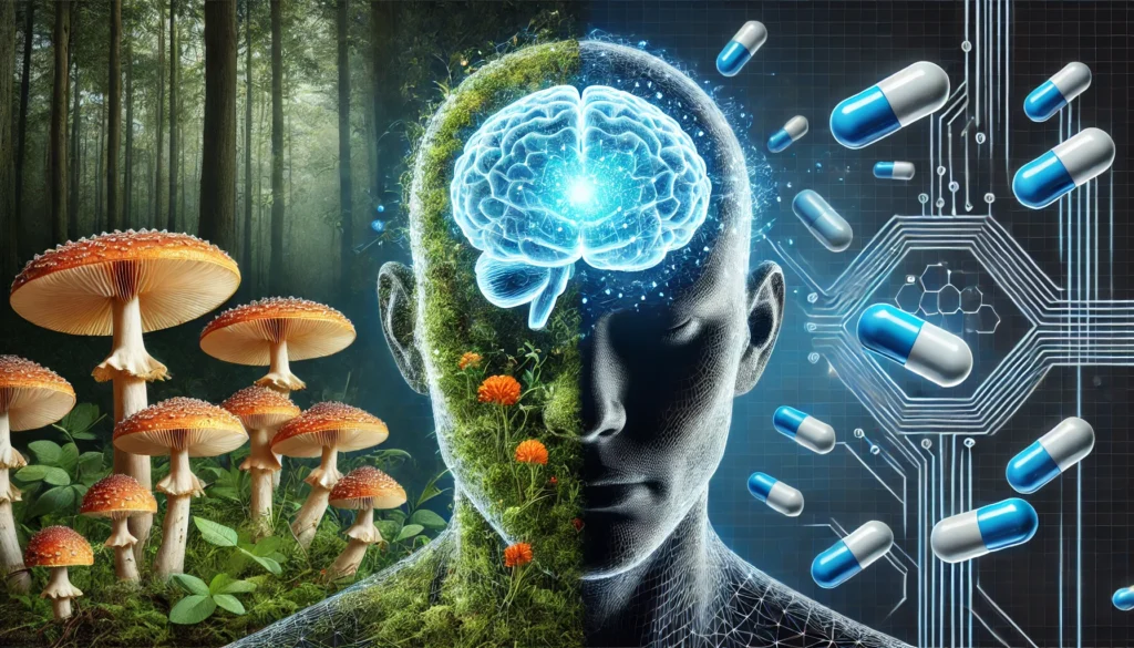 A futuristic human head silhouette with a glowing brain, split into two contrasting elements—one half surrounded by a natural forest with Lion’s Mane mushrooms, and the other in a high-tech digital setting with floating blue pills—representing the choice between natural and pharmaceutical nootropics.