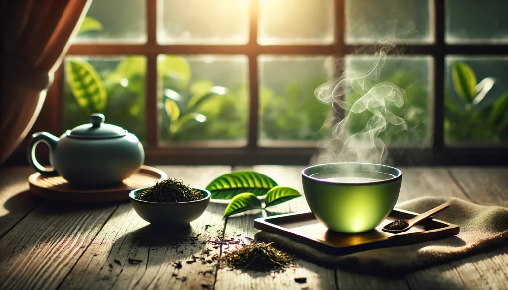 A serene scene featuring a steaming cup of green tea on a wooden table near a window, surrounded by fresh tea leaves. Soft morning light filters through, creating a calming and focused atmosphere. The gentle steam from the cup swirls upwards, symbolizing mental clarity and relaxation