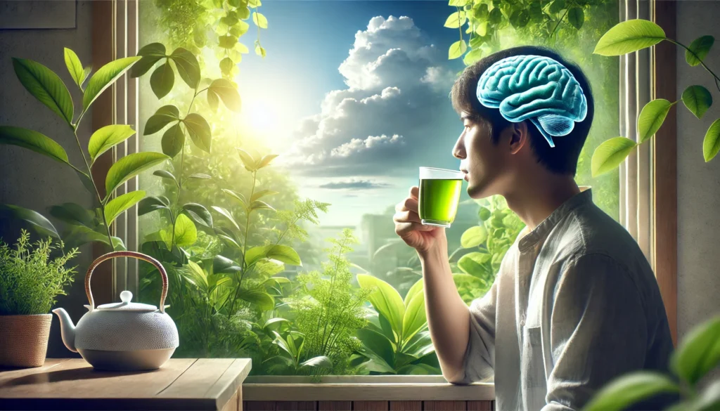 A peaceful tea-drinking moment featuring a person sitting by a window, sipping green tea while gazing at a bright, clear sky. The person's expression is calm and focused, with lush green plants surrounding them, symbolizing natural cognitive support, relaxation, and mental clarity