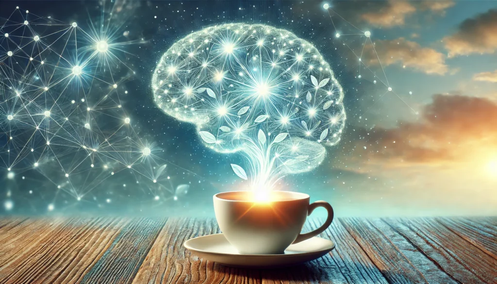 A dynamic visualization of L-Theanine's effects on the brain, depicted as a glowing neural network activated by a tea cup in the foreground. The tea cup emits a soft, radiant light, symbolizing enhanced focus, relaxation, and cognitive function. The background blends soft blues and greens, evoking a sense of tranquility and clarity