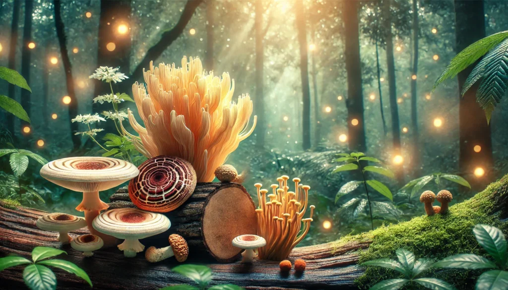 A serene natural setting with a close-up of Lion’s Mane, Reishi, and Cordyceps mushrooms growing on a log in a lush forest, illuminated by an ethereal glow, representing their potential benefits for ADHD and brain function.