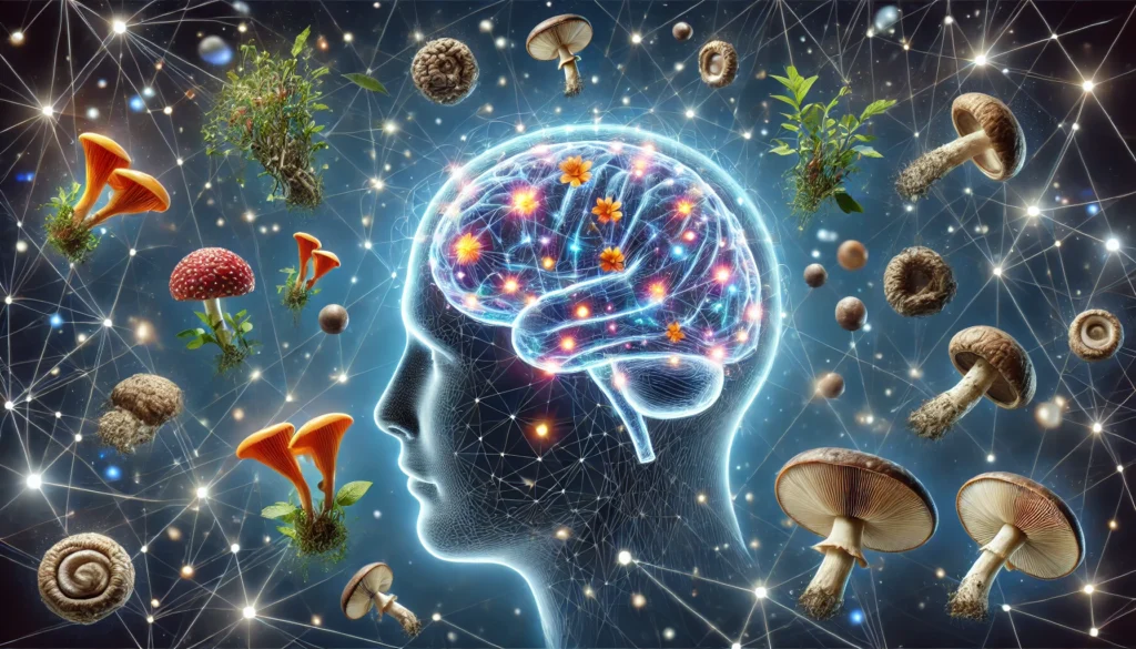 A futuristic depiction of a glowing human brain with neural connections, surrounded by floating medicinal mushrooms like Lion’s Mane, Reishi, and Cordyceps, visually illustrating their cognitive-enhancing properties.