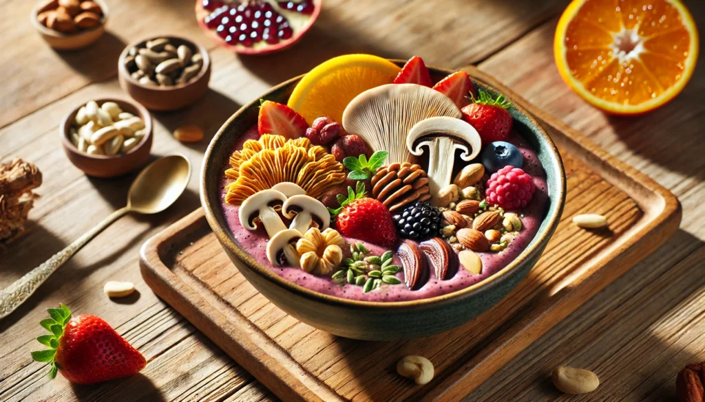 A nutritious smoothie bowl infused with blended Lion’s Mane, Reishi, and Cordyceps mushrooms, topped with fresh fruits and seeds, placed on a wooden table with sunlight, symbolizing a delicious and natural way to support brain health.