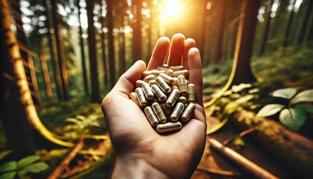 A close-up of a hand holding organic Lion’s Mane capsules, with a blurred background of a lush forest, representing natural supplementation for improved cognitive function.