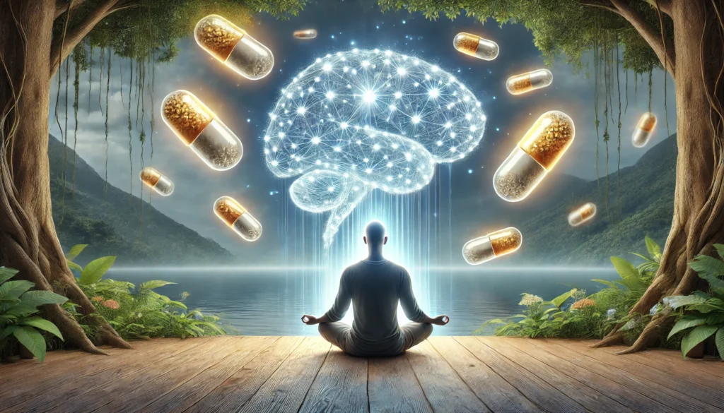 A peaceful meditation scene with a person sitting cross-legged, as a glowing neural network and floating organic Lion’s Mane capsules surround them, symbolizing mental clarity and focus enhancement.