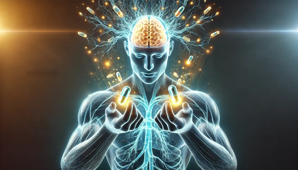 A futuristic visualization of organic Lion’s Mane capsules dissolving into a glowing, transparent human body, with neural pathways lighting up, representing the absorption and benefits of the supplement for brain health.