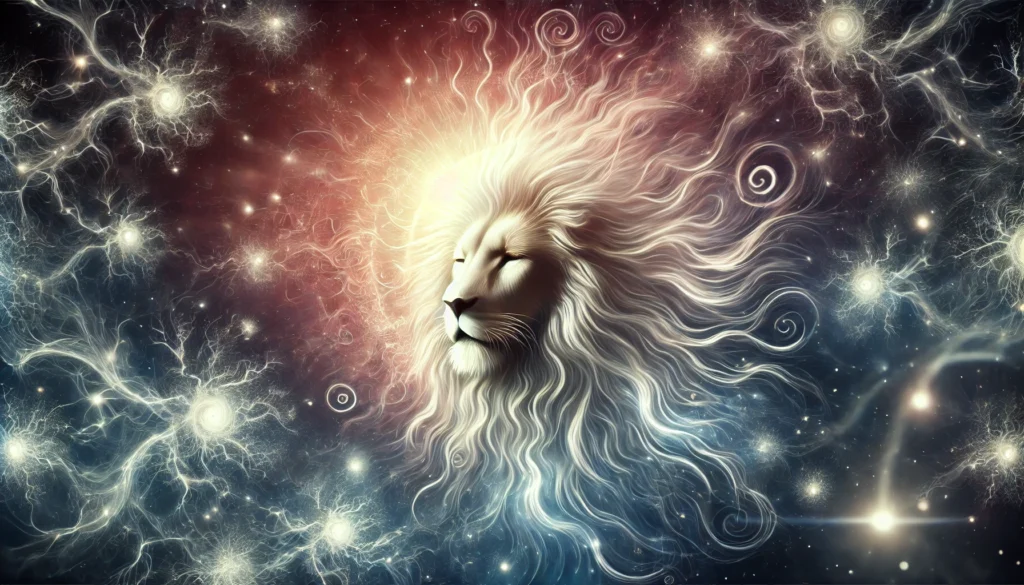 A mythical representation of a radiant lion’s mane surrounded by swirling energy and neural pathways, symbolizing wisdom, intelligence, and cognitive enhancement with a celestial ambiance.