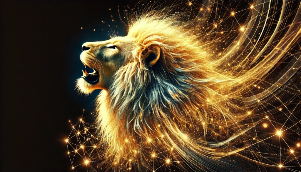 A powerful golden lion roaring, its mane radiating light and merging into a complex neural web, visually representing cognitive strength, focus, and brain health.