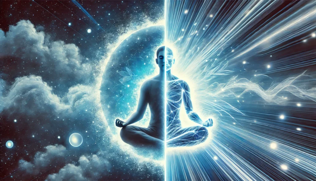 A conceptual digital artwork split into two contrasting halves. One side features a person in a deep meditative state with a soft blue glow, symbolizing relaxation and calmness. The other side portrays the same person in a sharp, focused state, surrounded by a bright, energetic aura, representing heightened alertness. The transition between the two states is seamless, blending relaxation and mental clarity